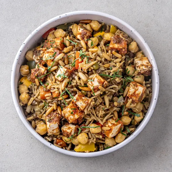 Middle-Eastern Vegetable Pilaf with Spiced Tofu & Chickpeas